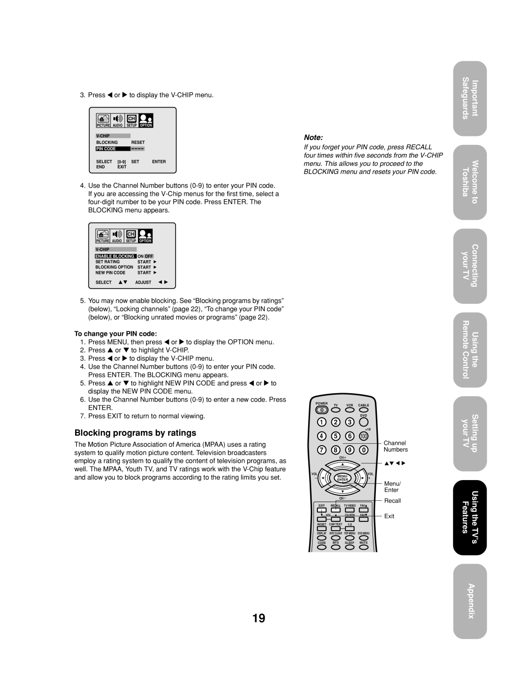 Toshiba 32A13 appendix Blocking programs by ratings, Press or to display the V-CHIP menu, To change your PIN code, Recall 