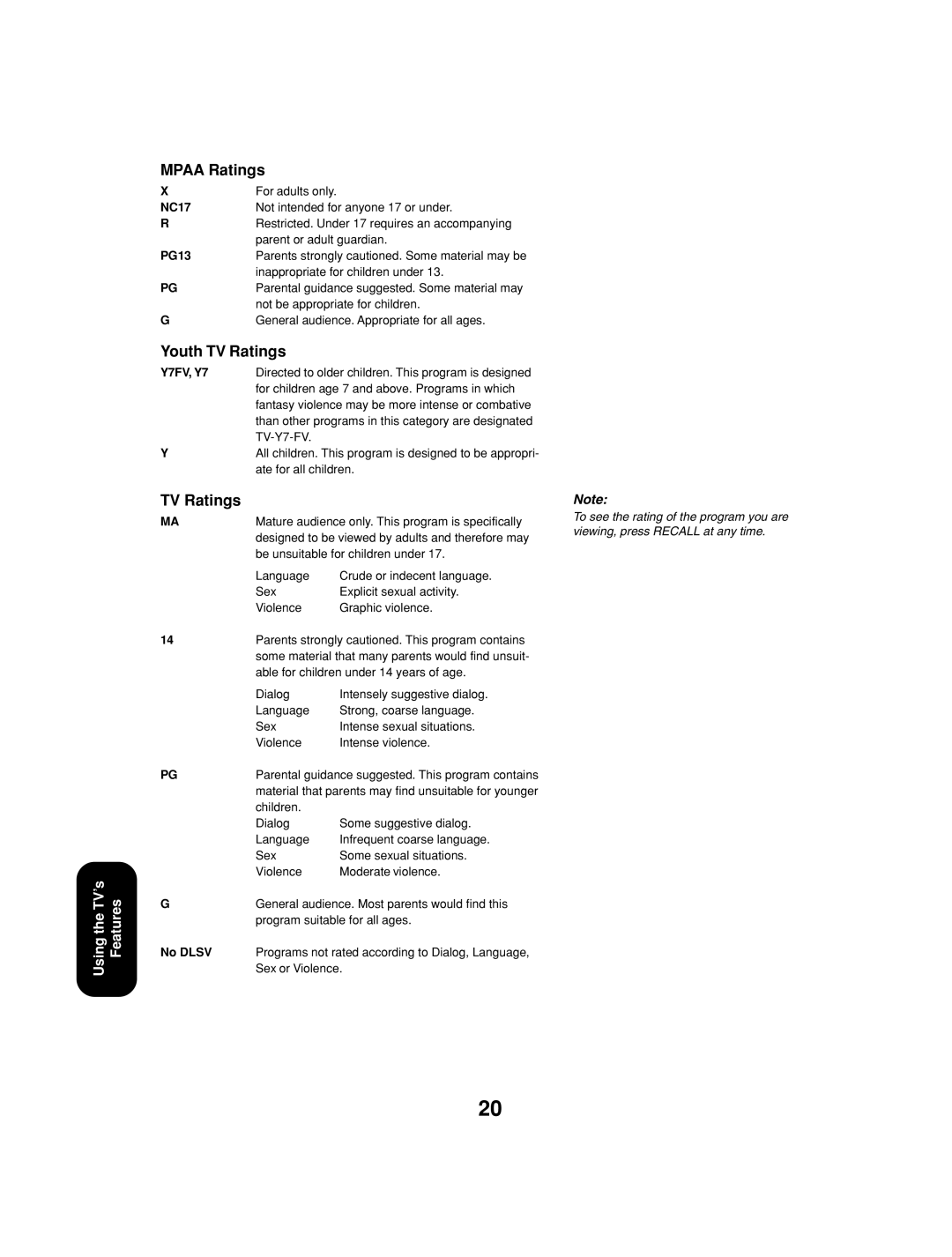 Toshiba 32A13 appendix Mpaa Ratings, Youth TV Ratings 