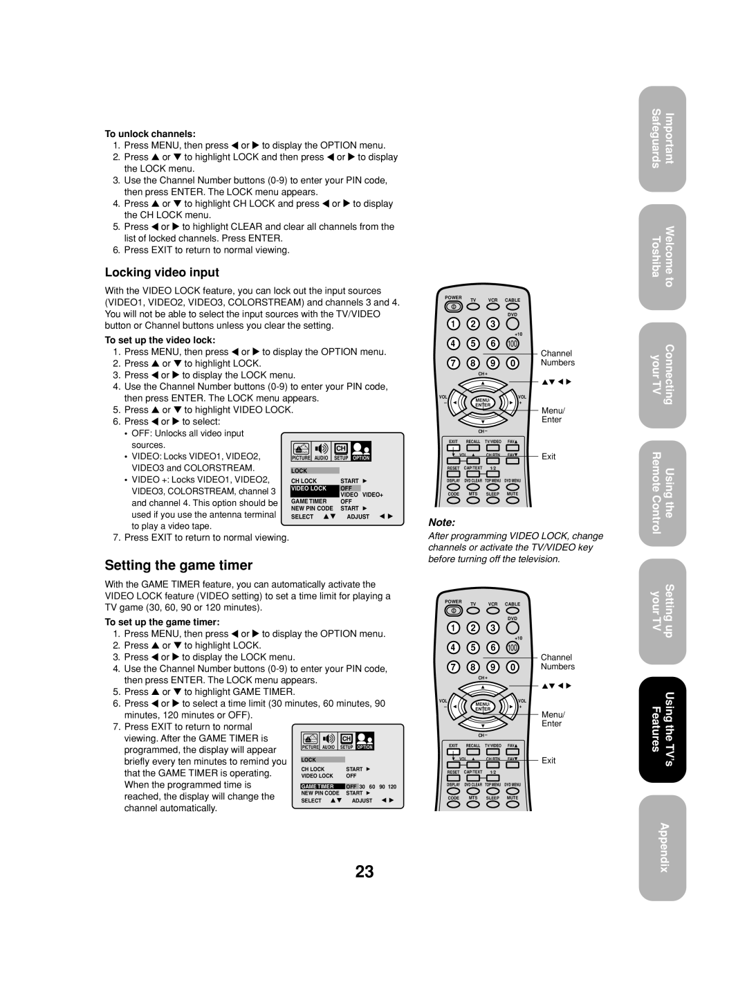 Toshiba 32A13 appendix Setting the game timer, Locking video input 