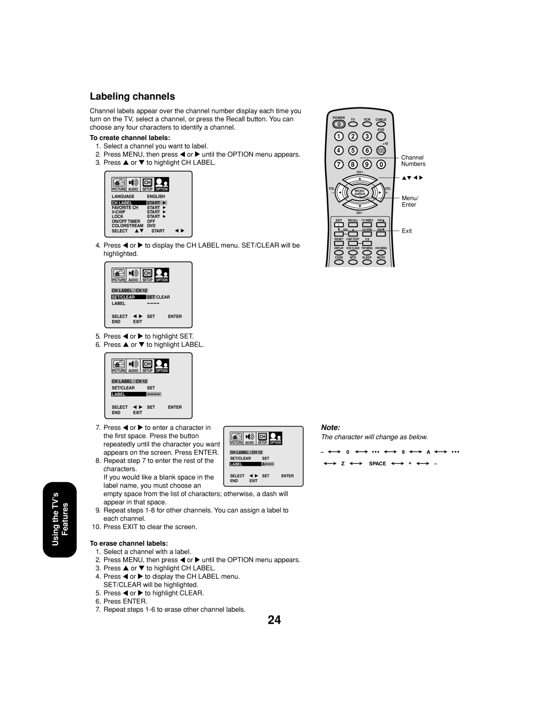 Toshiba 32A13 appendix Labeling channels, To create channel labels, To erase channel labels 