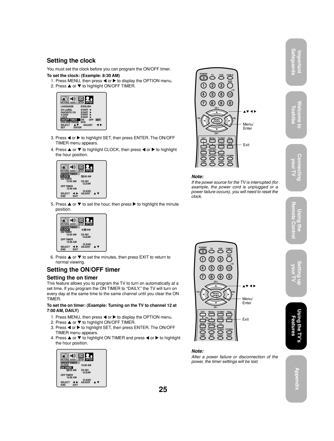 Toshiba 32A13 appendix Setting the clock, Setting the ON/OFF timer, Setting the on timer, To set the clock Example 830 AM 