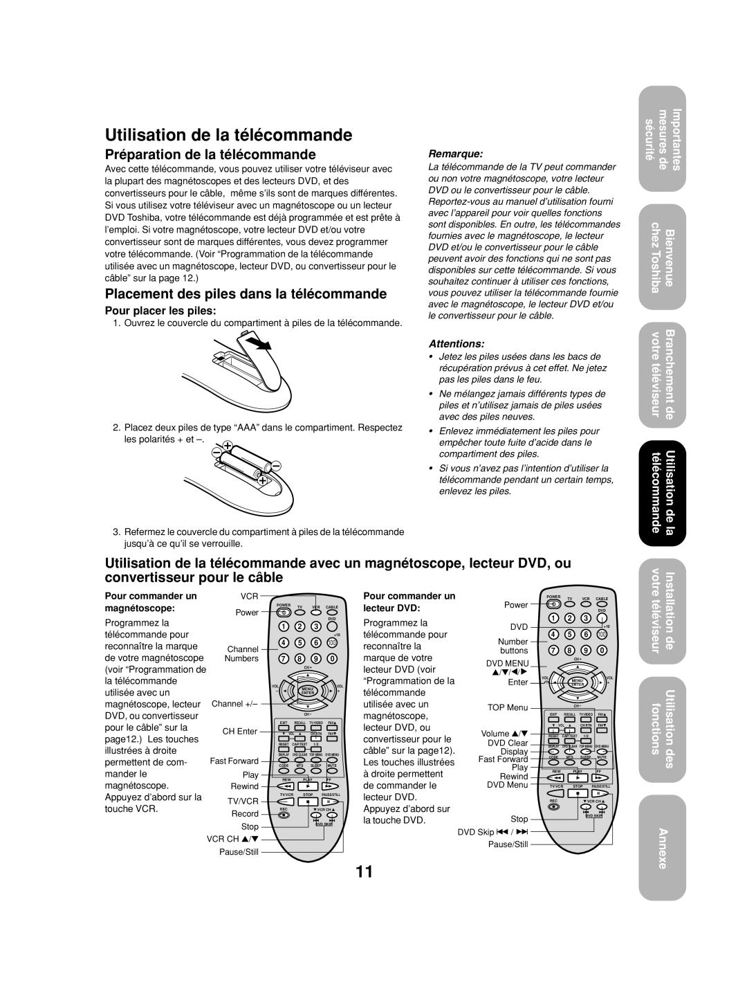 Toshiba 32A13 Utilisation de la télécommande, Préparation de la télécommande, Placement des piles dans la télécommande 