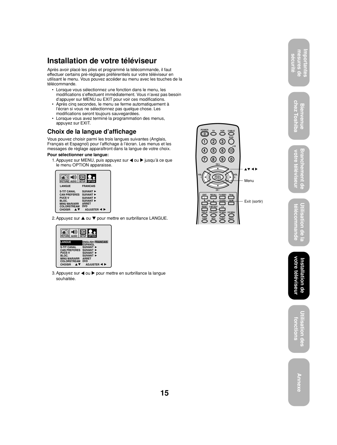 Toshiba 32A13 appendix Installation de votre téléviseur, Choix de la langue d’affichage, Pour sélectionner une langue 