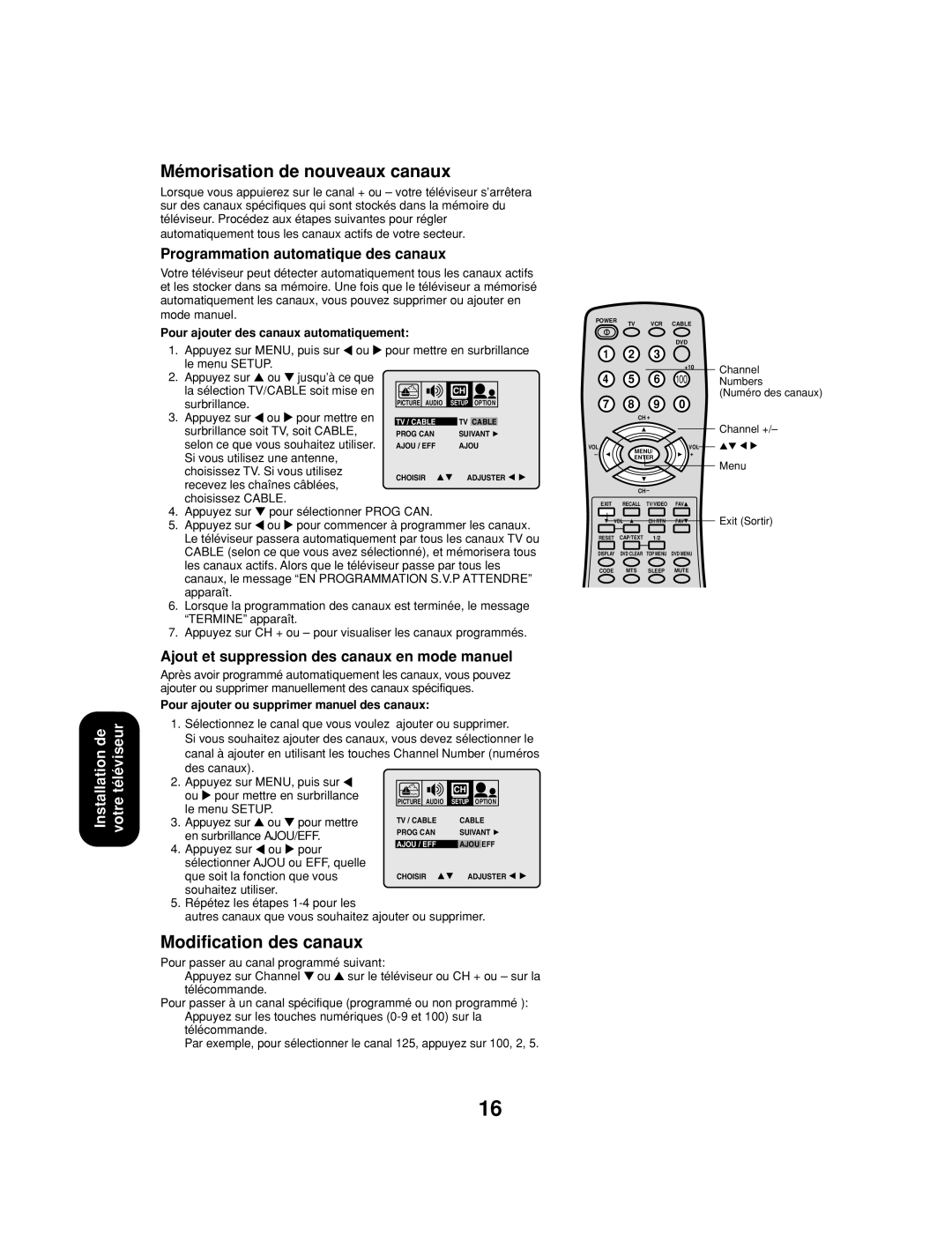 Toshiba 32A13 appendix Mémorisation de nouveaux canaux, Modification des canaux, Programmation automatique des canaux 