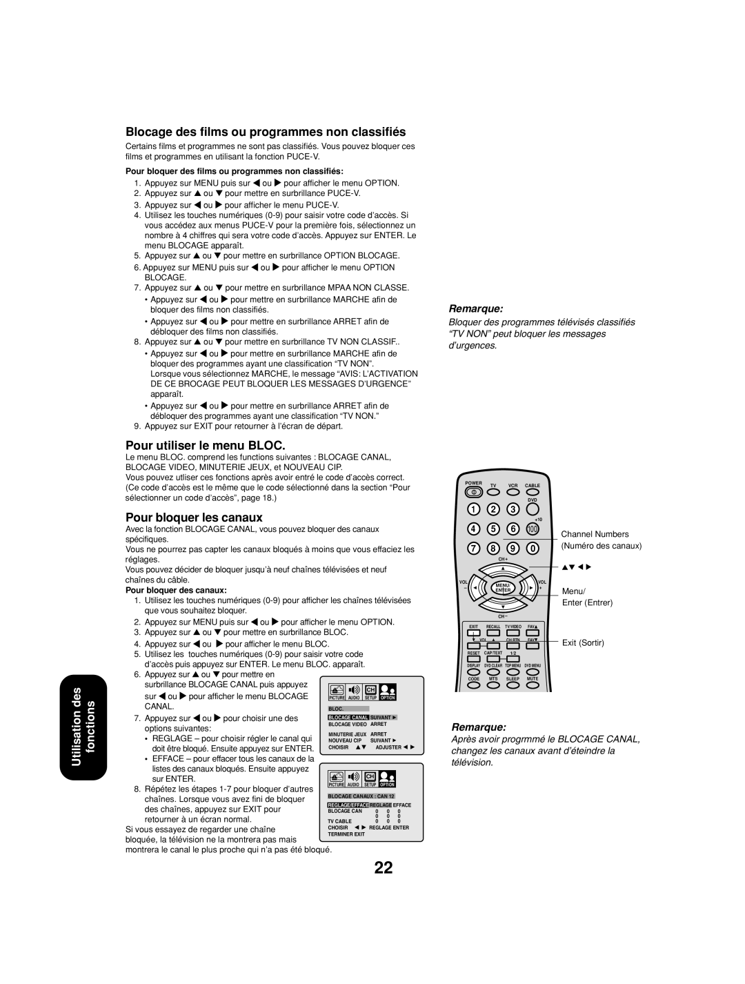 Toshiba 32A13 appendix Blocage des films ou programmes non classifiés, Pour utiliser le menu Bloc, Pour bloquer les canaux 