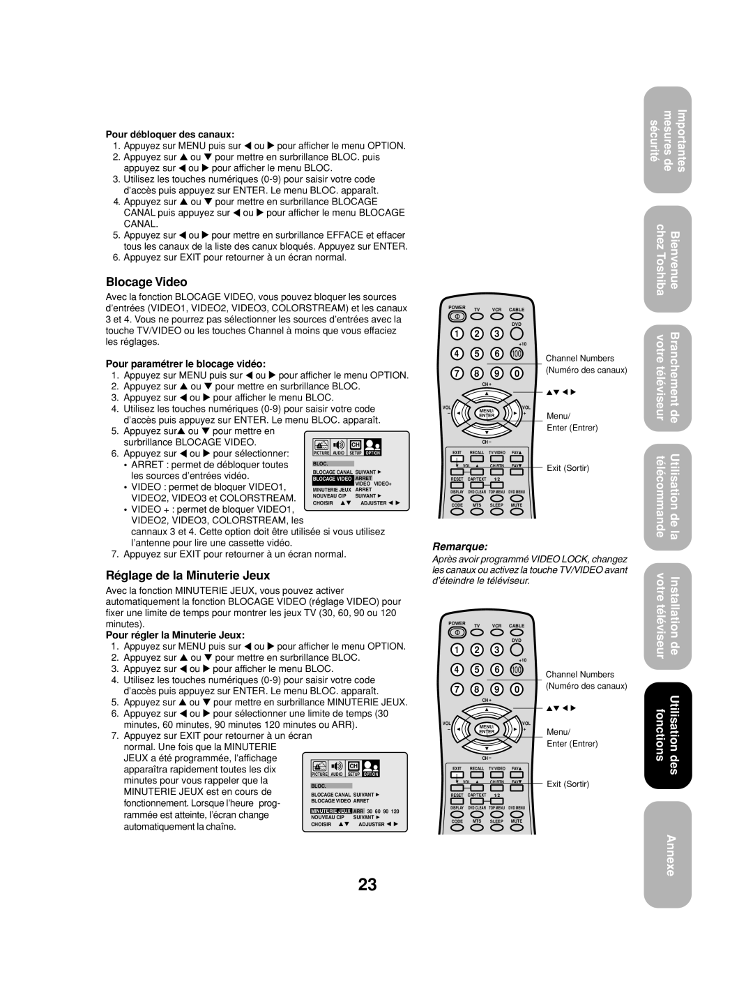 Toshiba 32A13 appendix Blocage Video, Réglage de la Minuterie Jeux 