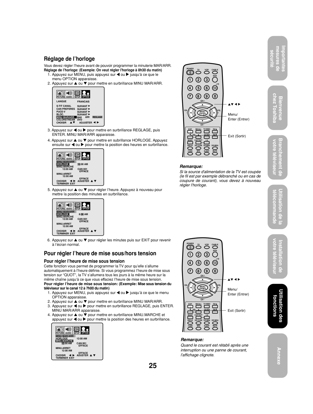 Toshiba 32A13 appendix Réglage de l’horloge, Pour régler l’heure de mise sous/hors tension 