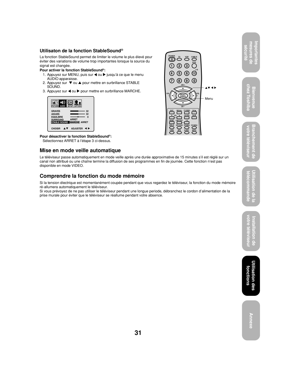 Toshiba 32A13 appendix Mise en mode veille automatique, Comprendre la fonction du mode mémoire 