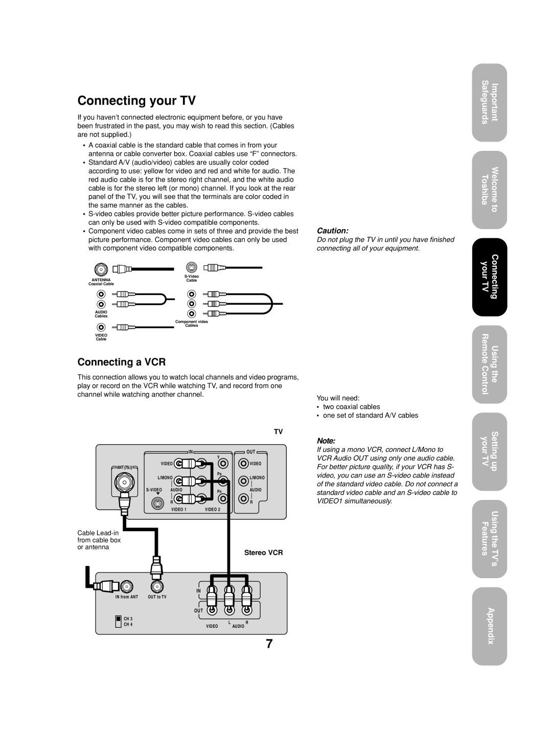 Toshiba 32A13 appendix Connecting your TV, Connecting a VCR, With component video compatible components, Stereo VCR 