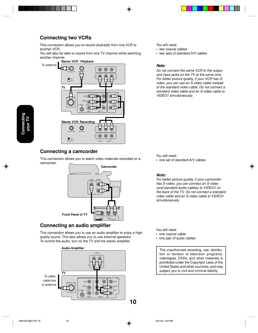 Toshiba 32A14 appendix Connecting two VCRs, Connecting a camcorder, Connecting an audio amplifier, One coaxial cable 