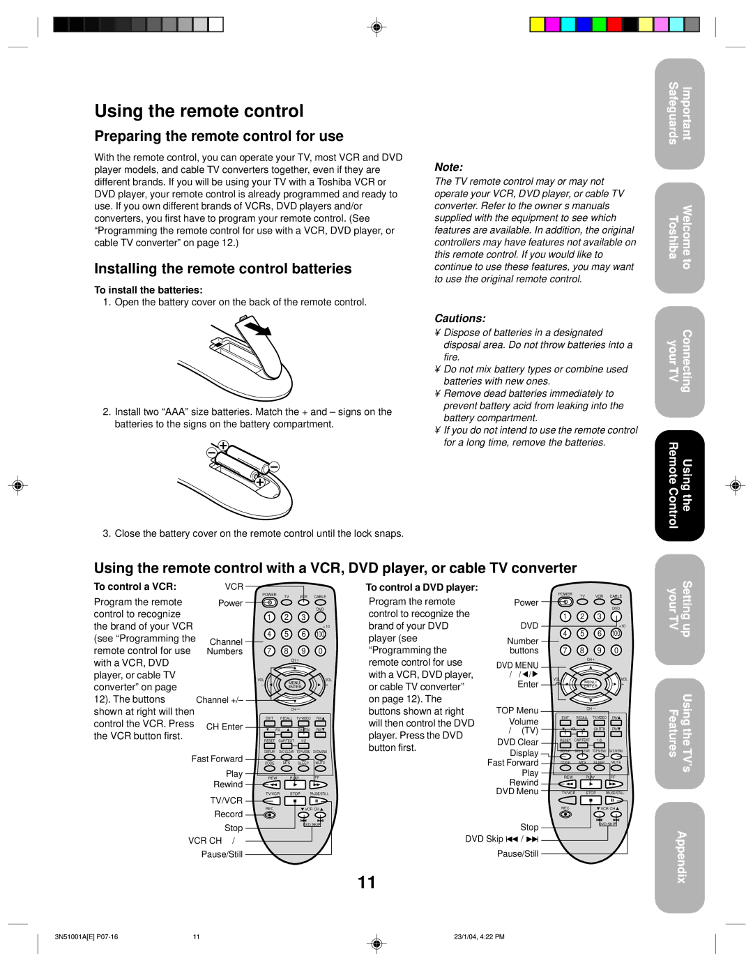 Toshiba 32A14 Using the remote control, Preparing the remote control for use, Installing the remote control batteries 