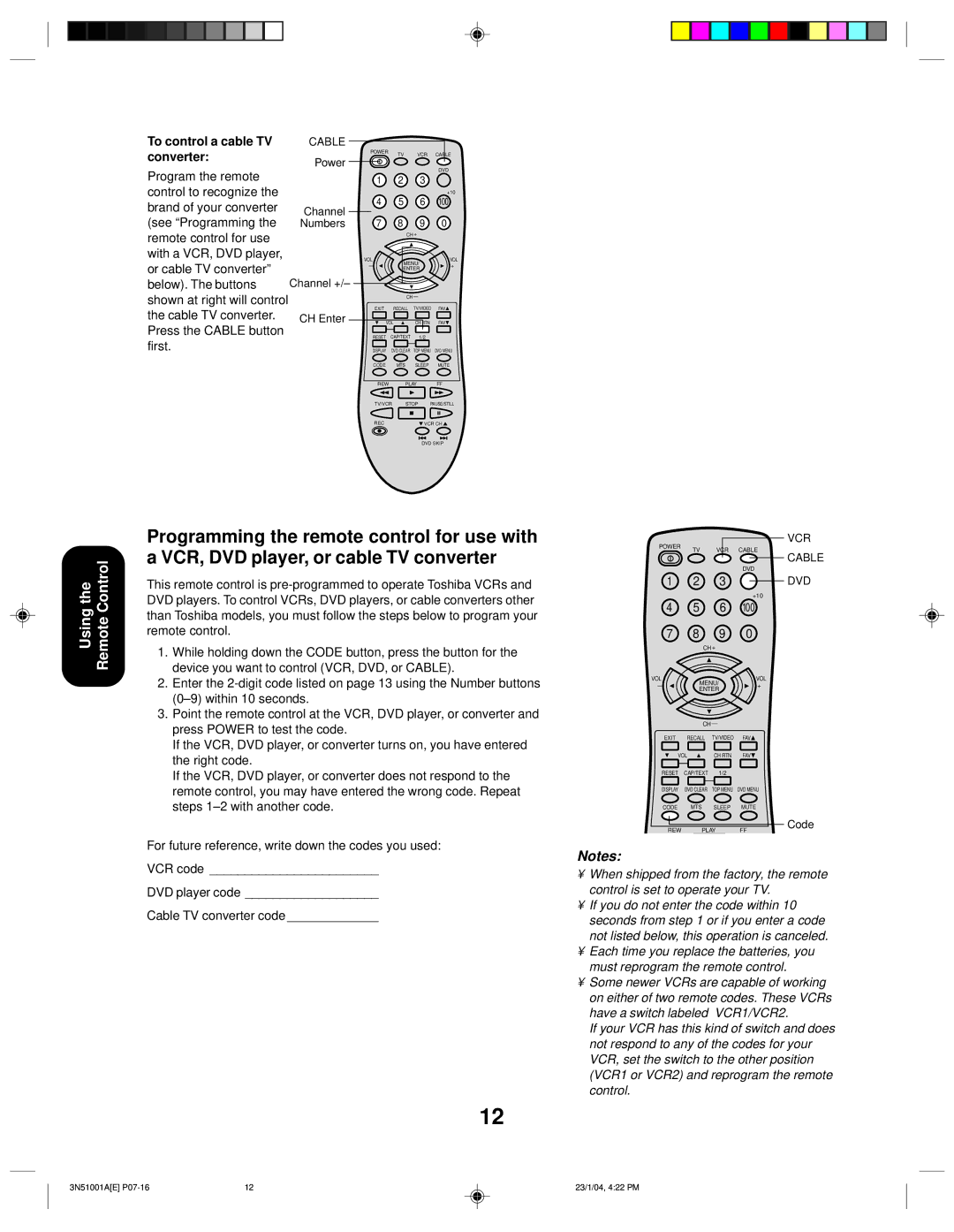 Toshiba 32A14 appendix To control a cable TV, Converter, Code 