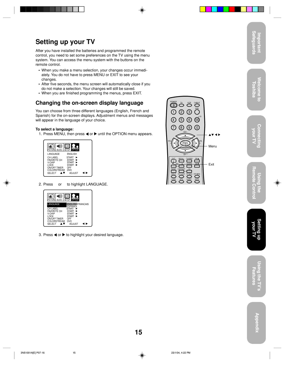 Toshiba 32A14 appendix Setting up your TV, Changing the on-screen display language, To select a language 