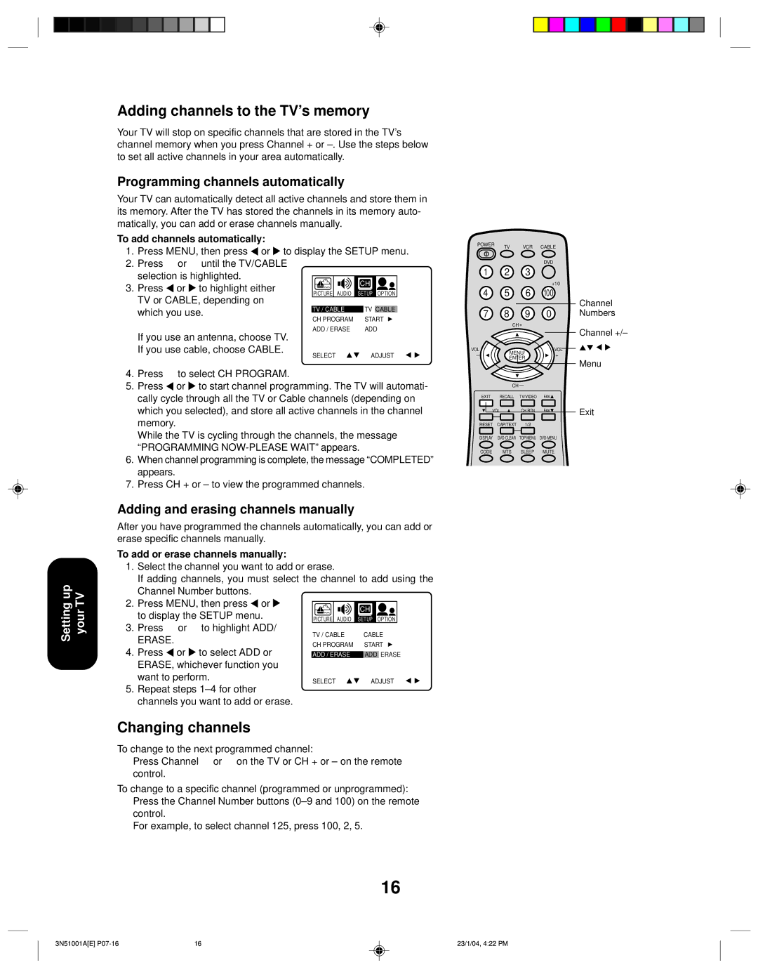 Toshiba 32A14 appendix Adding channels to the TV’s memory, Changing channels, Programming channels automatically 