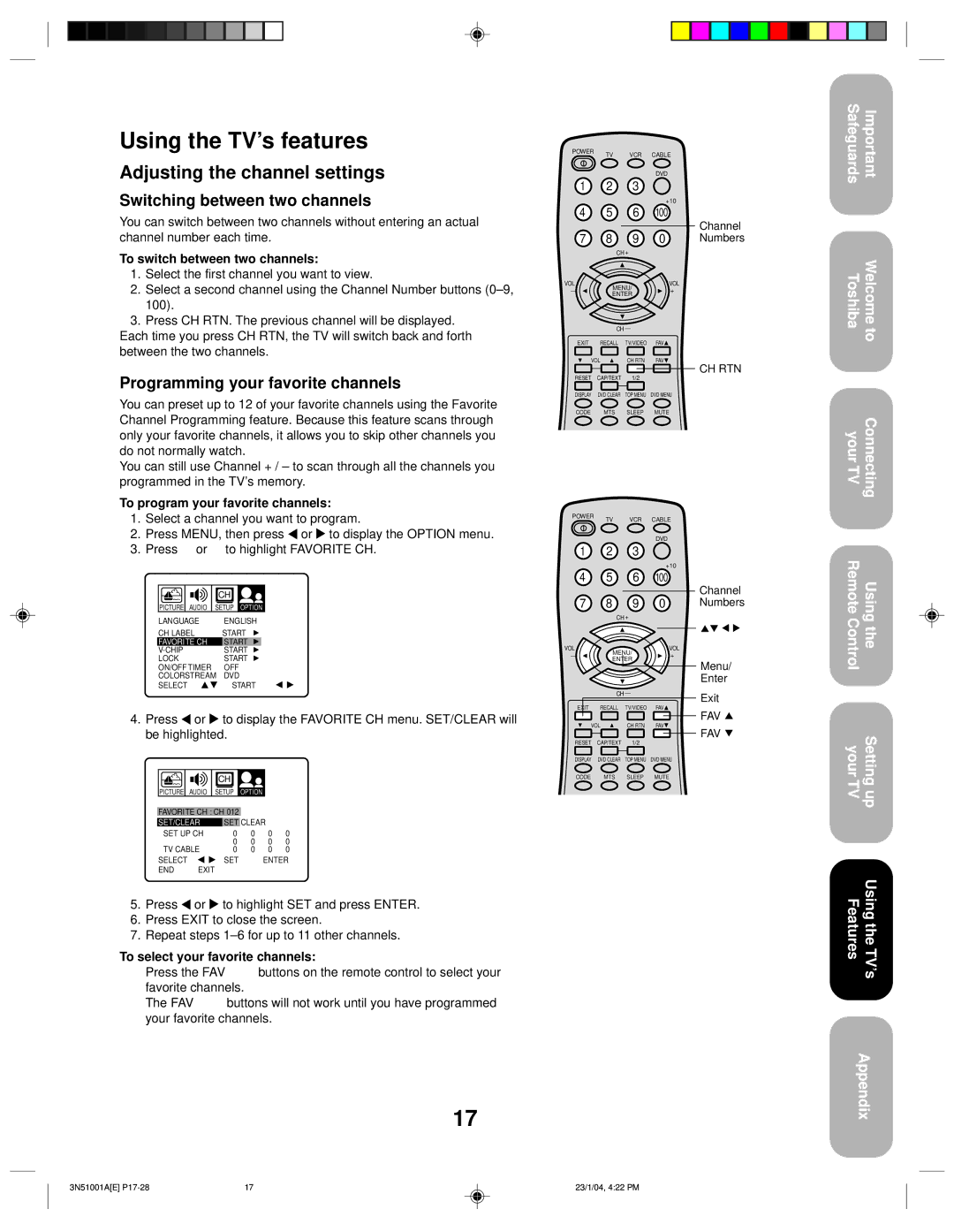 Toshiba 32A14 appendix Using the TV’s features, Adjusting the channel settings, Switching between two channels 