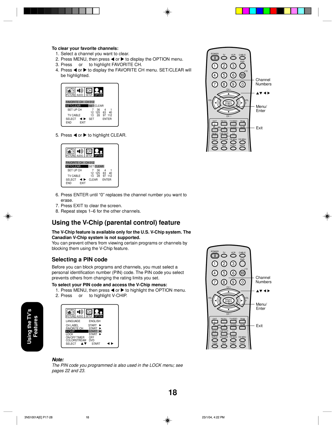 Toshiba 32A14 appendix Using the V-Chip parental control feature, Selecting a PIN code, To clear your favorite channels 