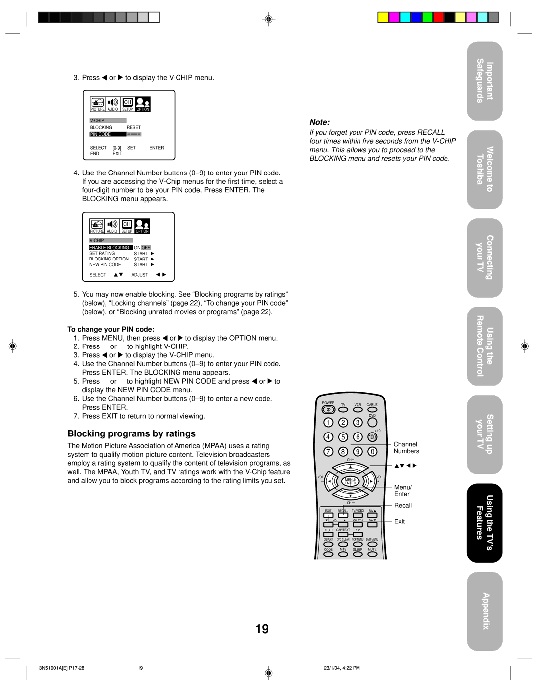 Toshiba 32A14 appendix Blocking programs by ratings, Press or to display the V-CHIP menu, To change your PIN code, Recall 