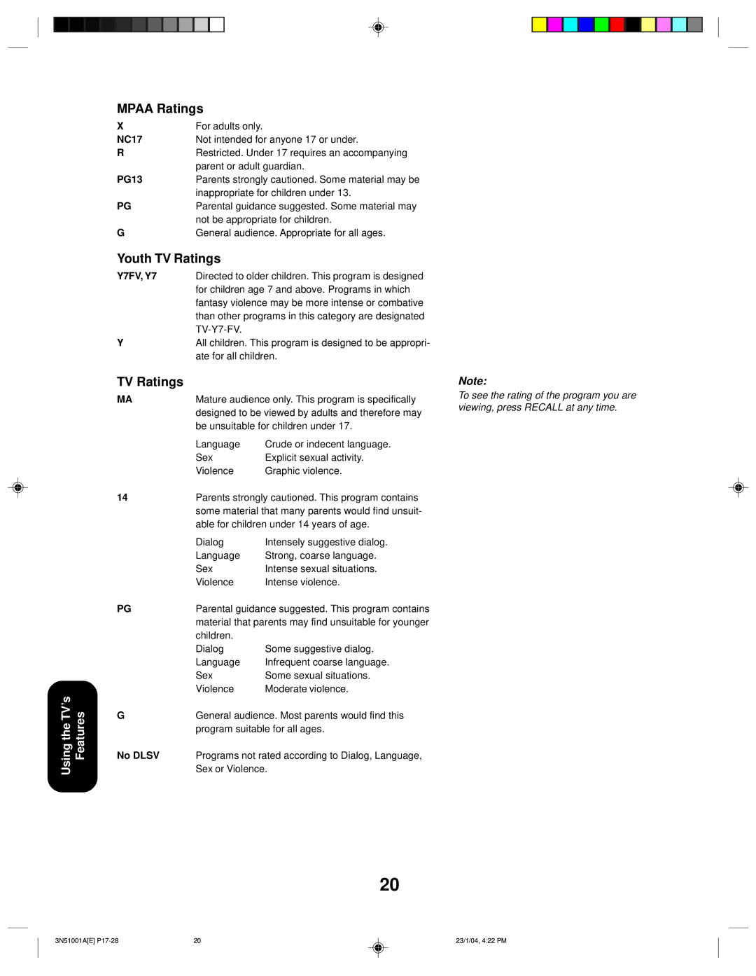 Toshiba 32A14 appendix Mpaa Ratings, Youth TV Ratings 