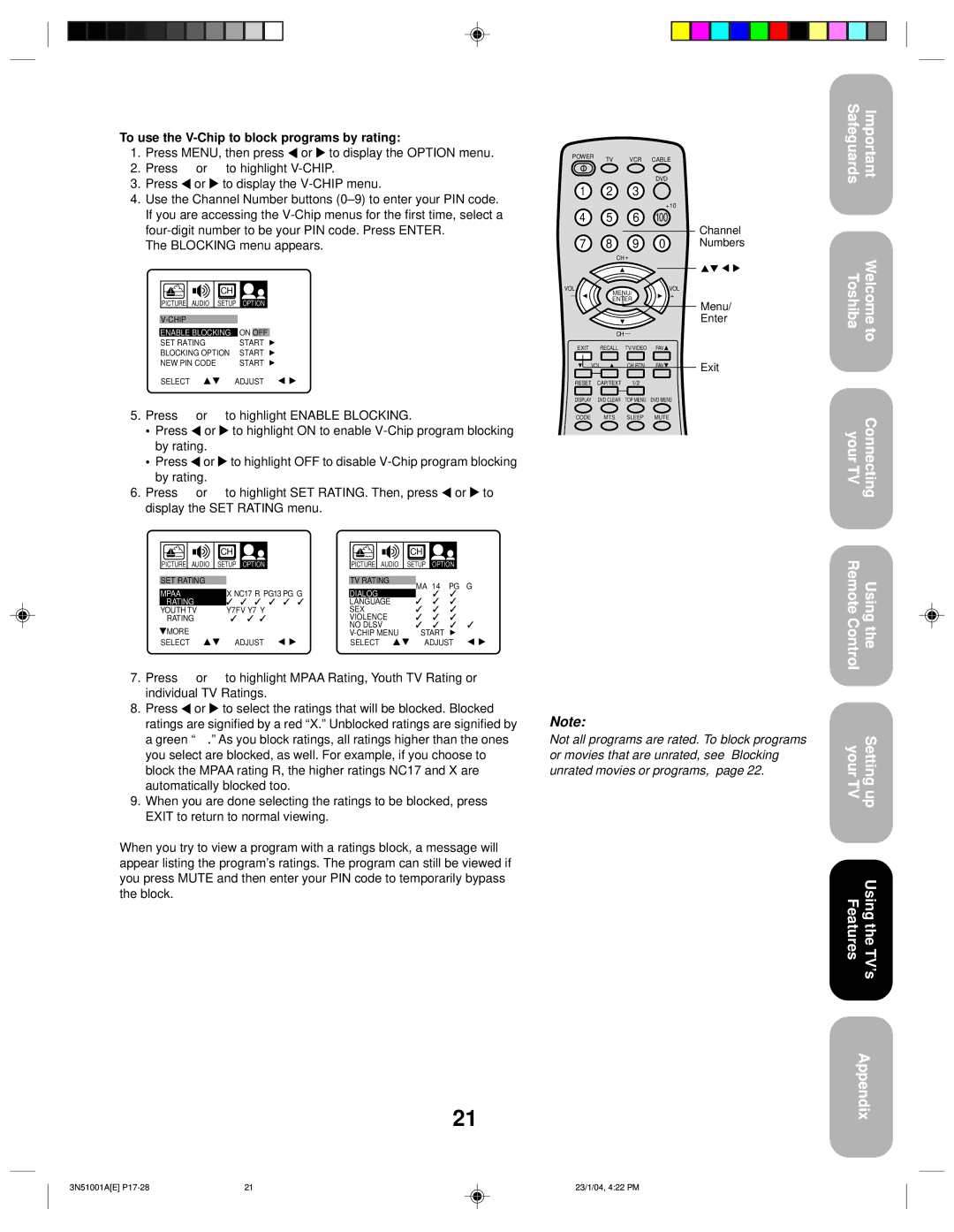 Toshiba 32A14 appendix To use the V-Chip to block programs by rating 