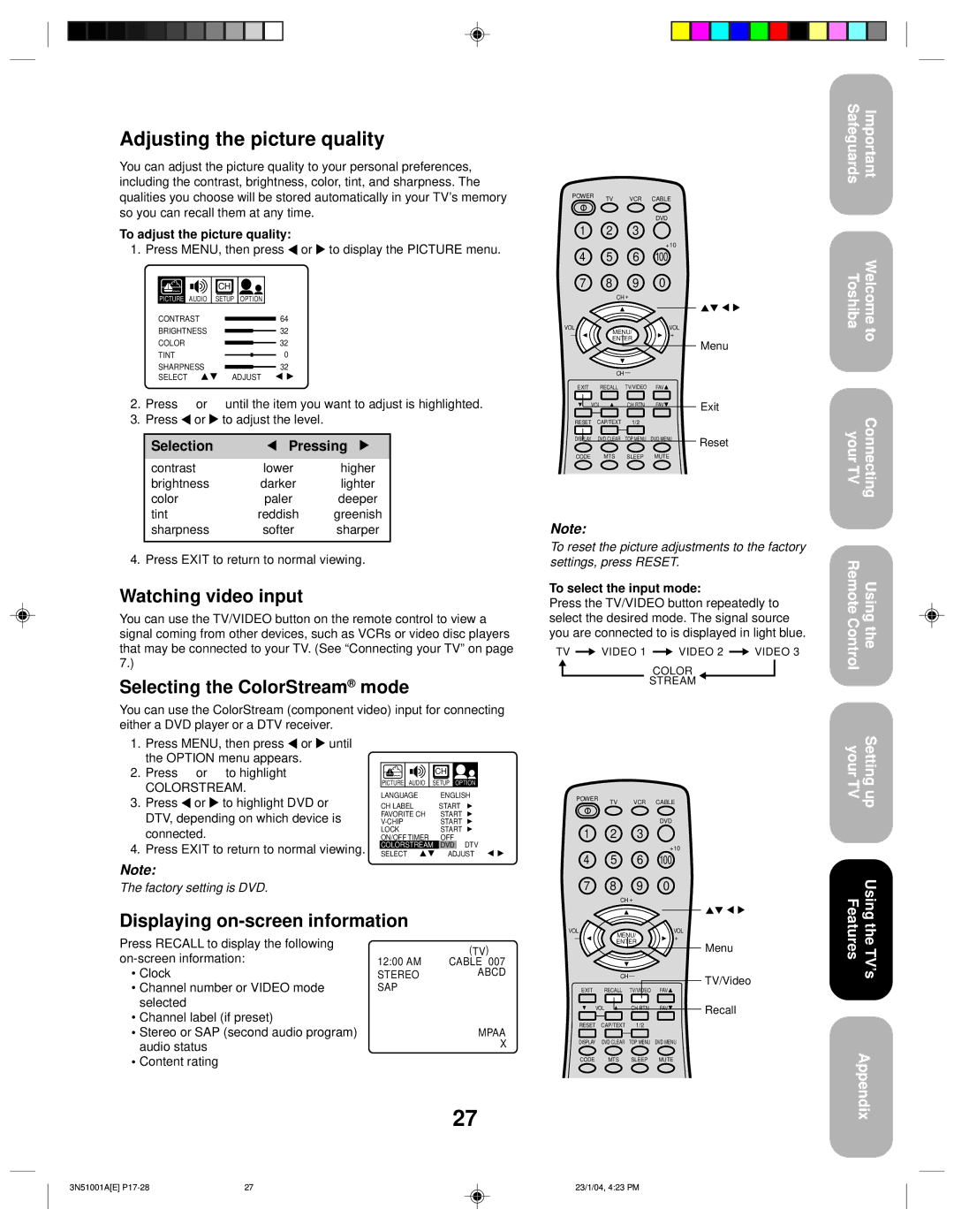 Toshiba 32A14 appendix Watching video input, Selecting the ColorStream mode, Displaying on-screen information 