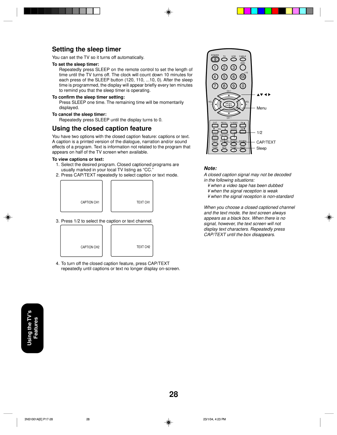 Toshiba 32A14 appendix Setting the sleep timer, Using the closed caption feature 