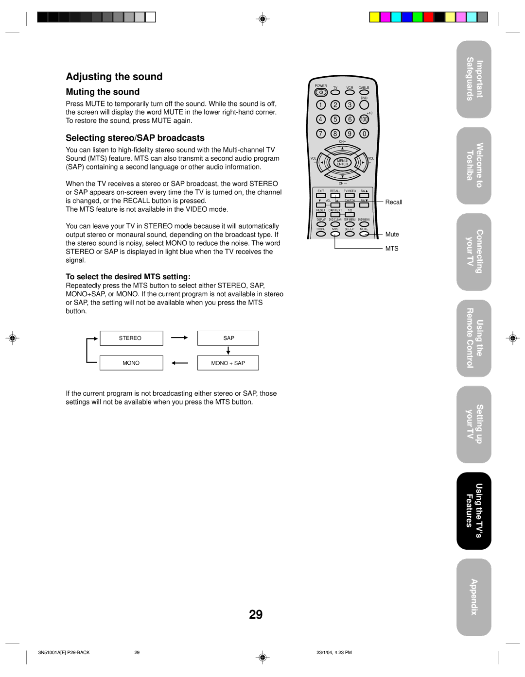 Toshiba 32A14 appendix Adjusting the sound, Muting the sound, Selecting stereo/SAP broadcasts 