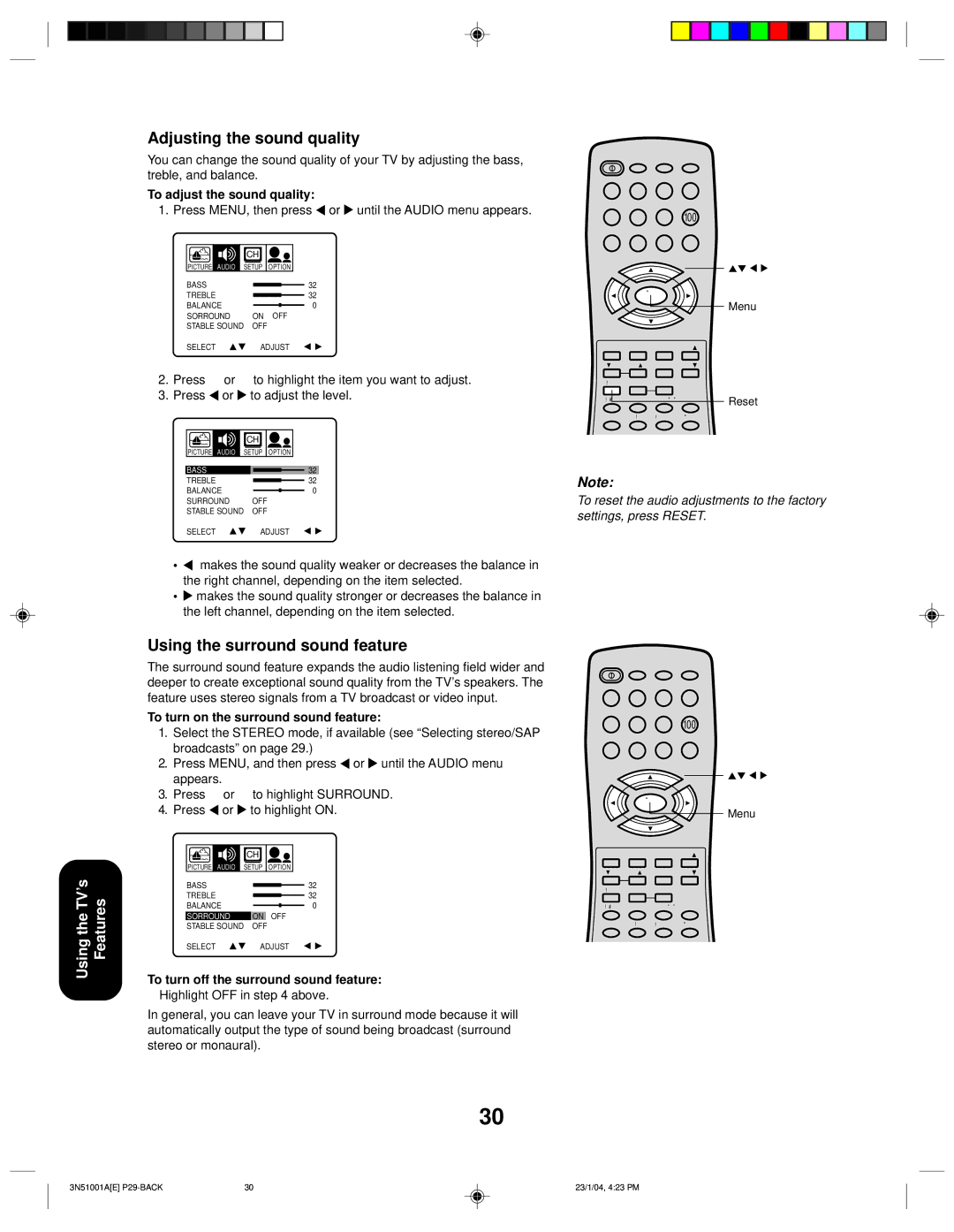 Toshiba 32A14 appendix Adjusting the sound quality, Using the surround sound feature, To adjust the sound quality 