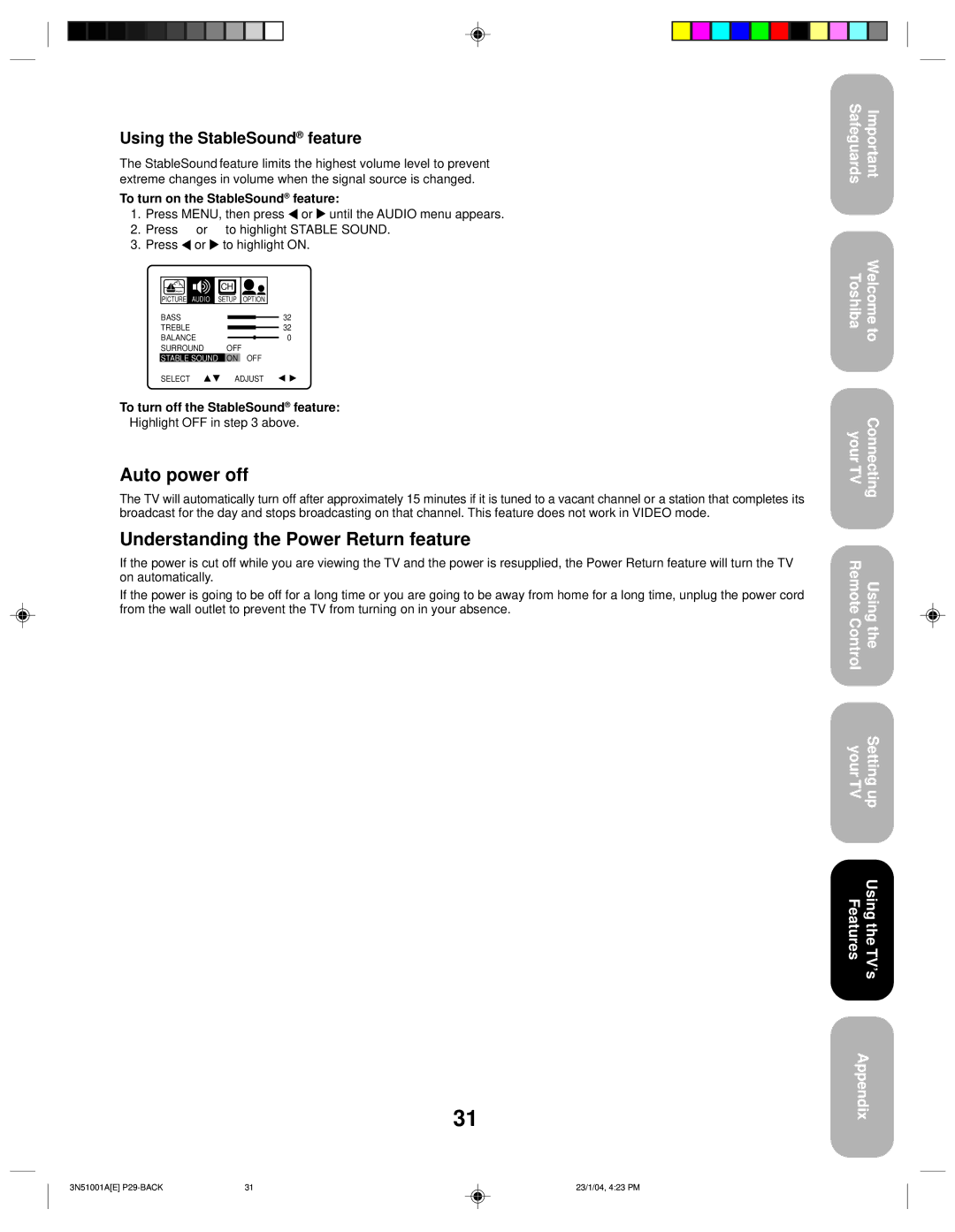 Toshiba 32A14 appendix Auto power off, Understanding the Power Return feature, Using the StableSound feature 