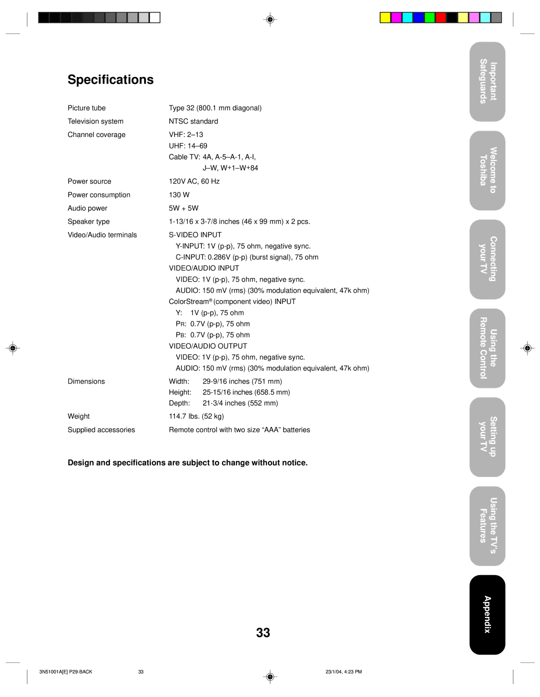 Toshiba 32A14 appendix Specifications 