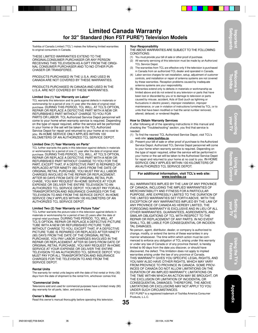 Toshiba 32A14 appendix Limited Canada Warranty, For additional information, visit TCL’s web site 