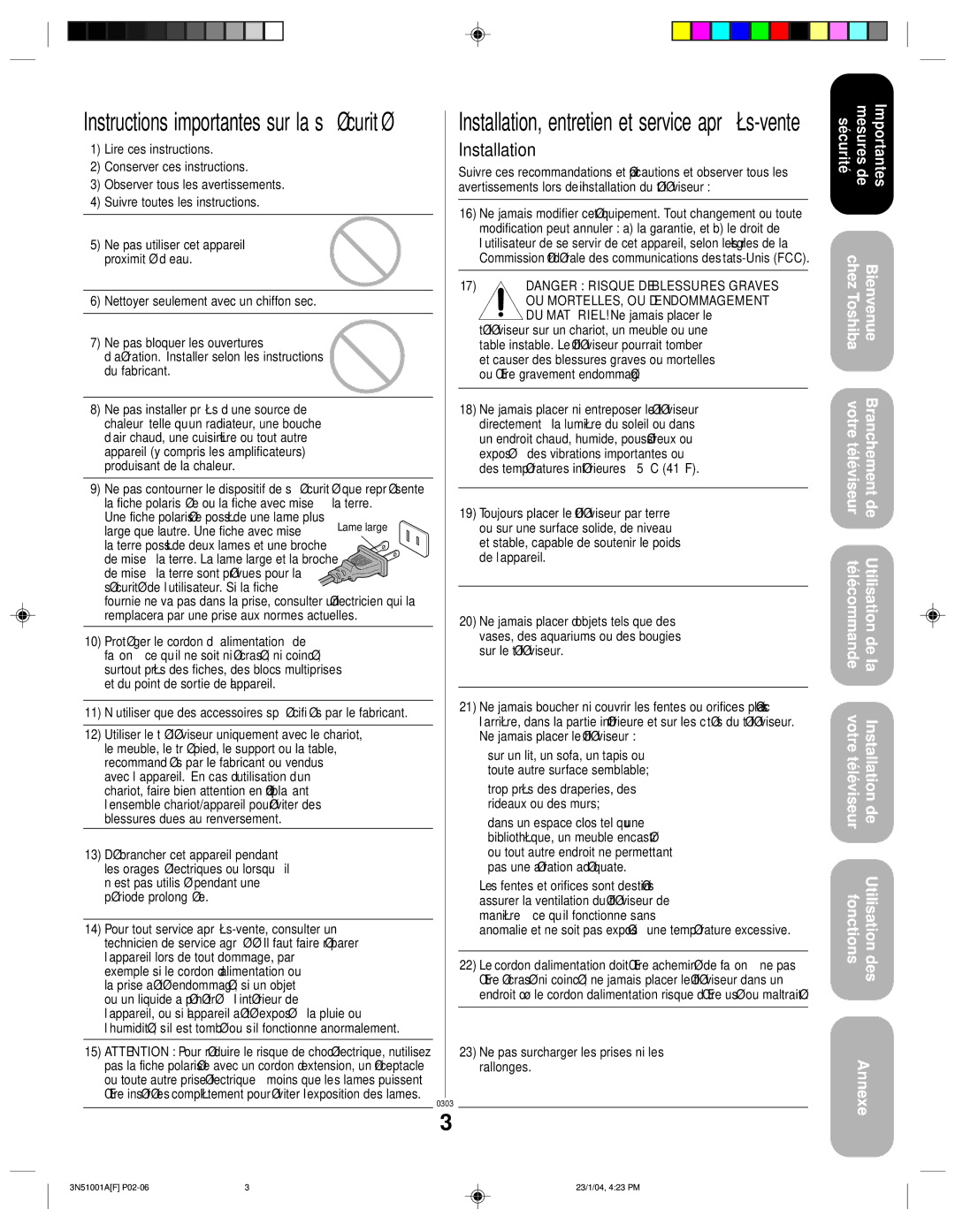 Toshiba 32A14 appendix Instructions importantes sur la sécurité 