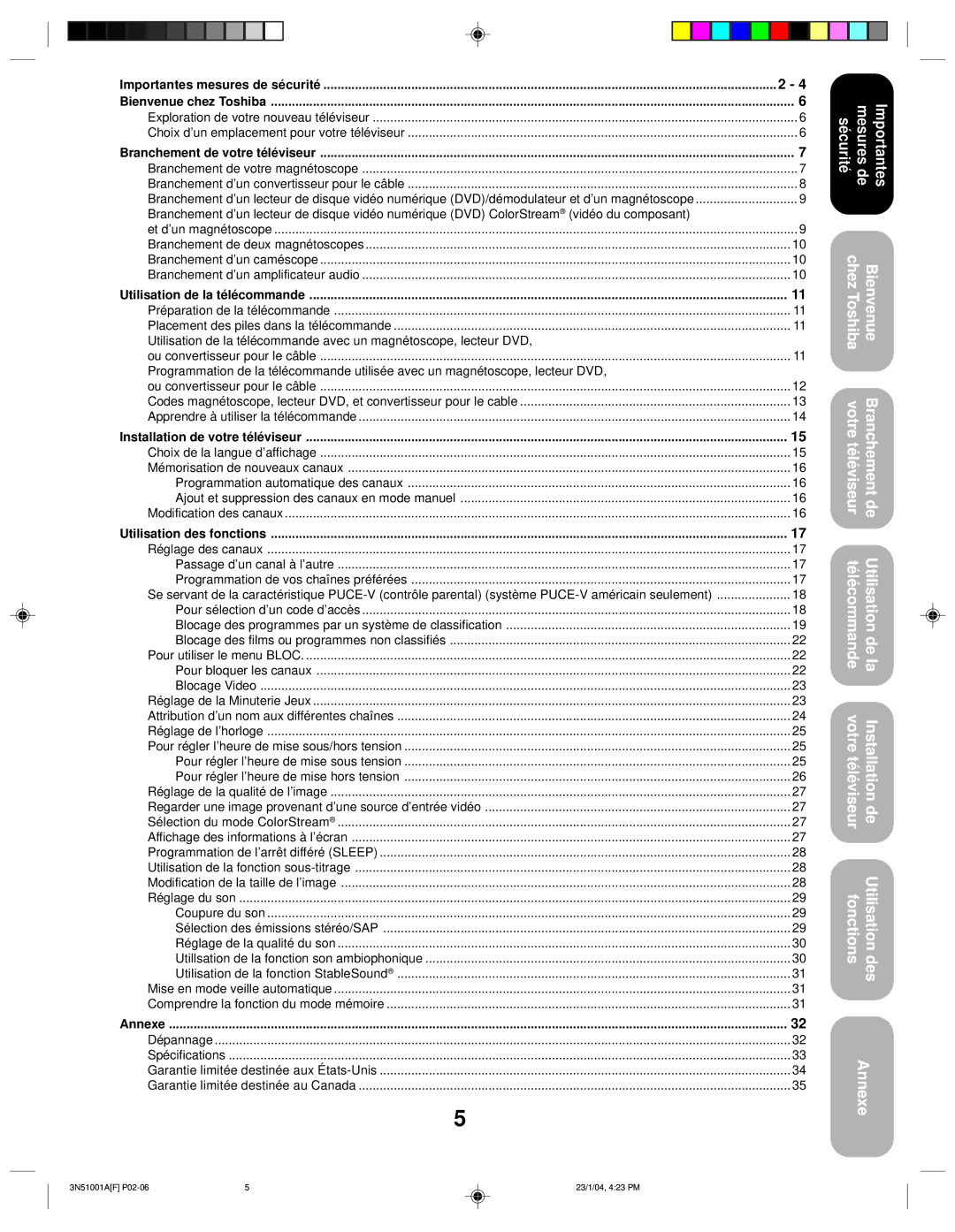 Toshiba 32A14 appendix Importantes mesures de sécurité Bienvenue chez Toshiba, Branchement de votre téléviseur, Annexe 