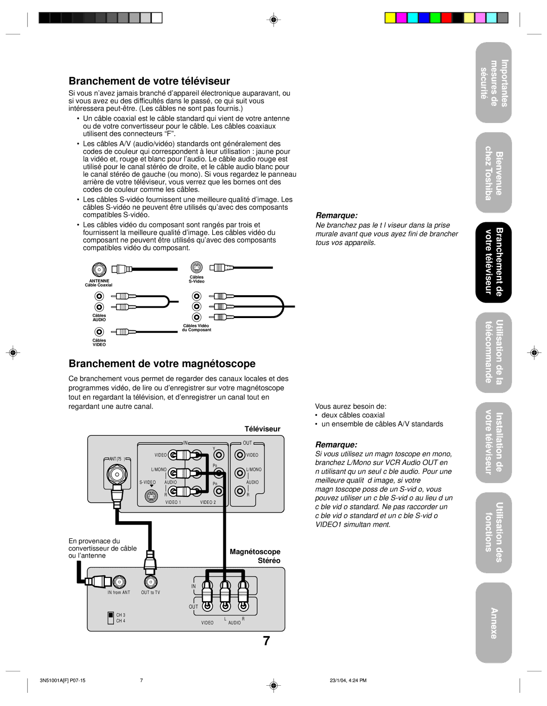 Toshiba 32A14 appendix Branchement de votre téléviseur, Branchement de votre magnétoscope, Téléviseur, Magnétoscope Stéréo 