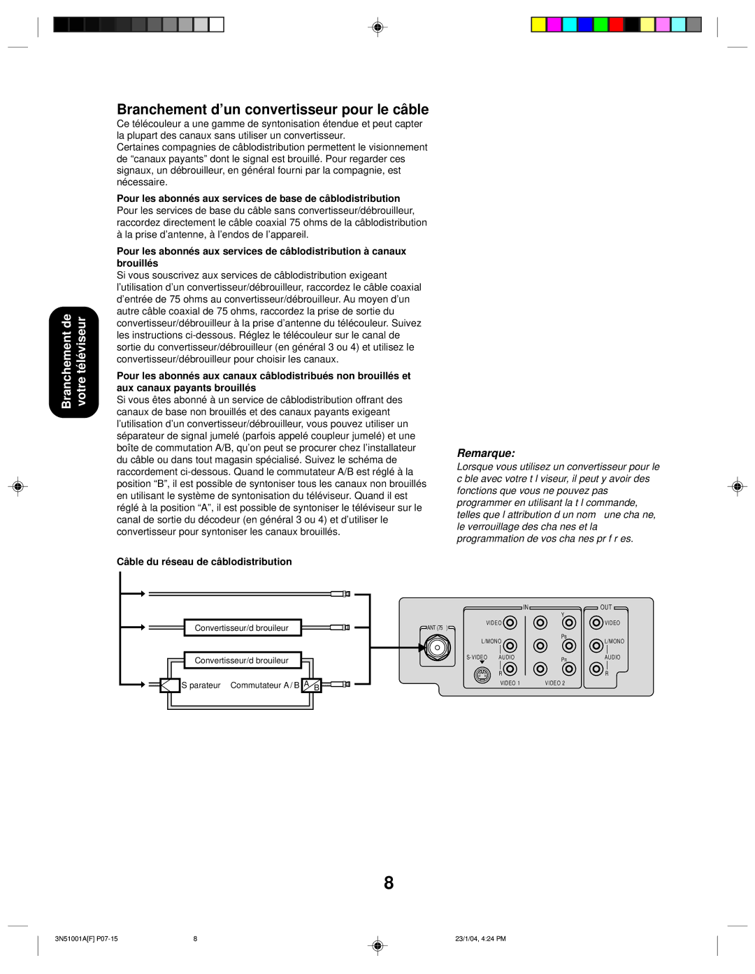 Toshiba 32A14 appendix Branchement d’un convertisseur pour le câble, Câble du réseau de câblodistribution 