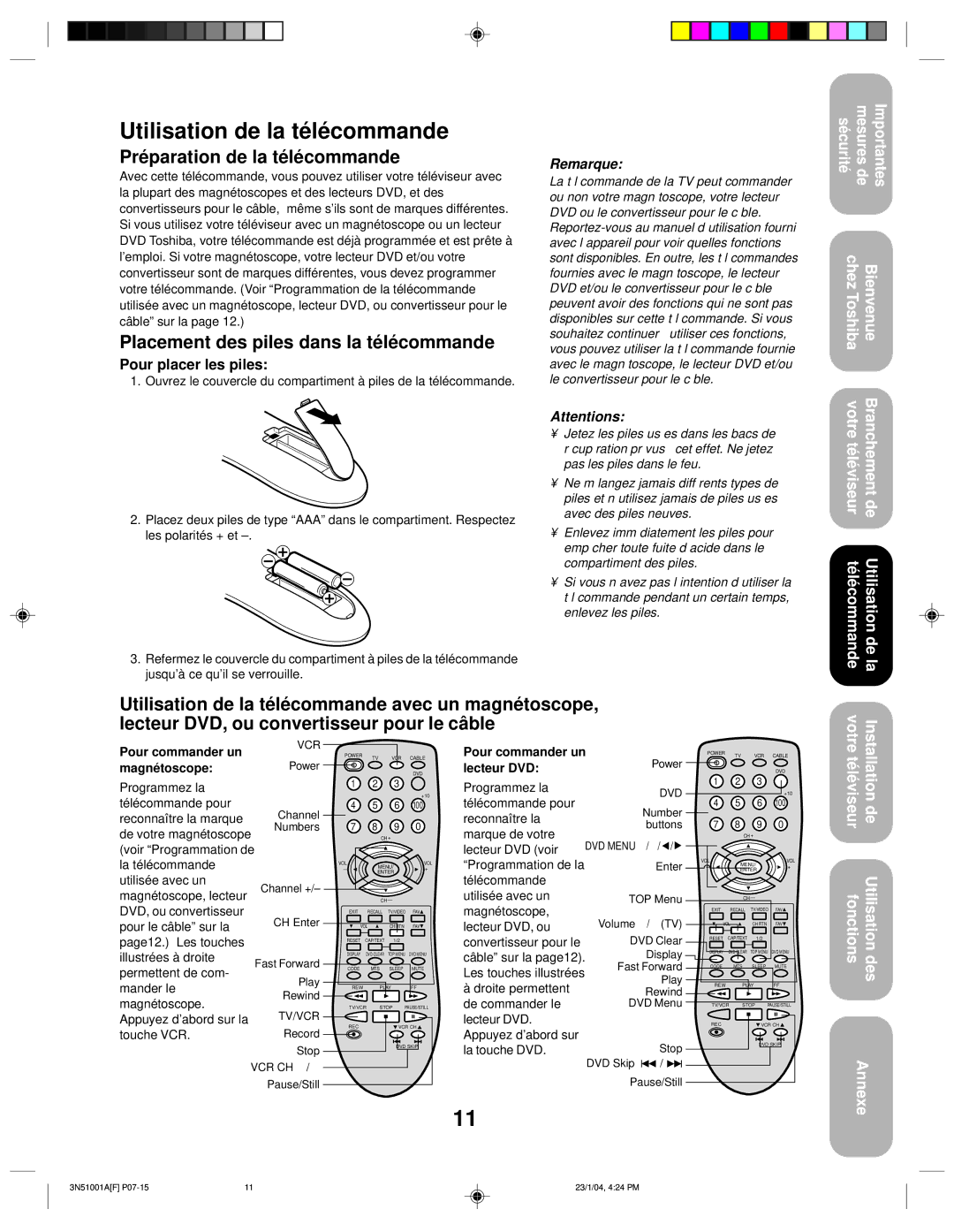 Toshiba 32A14 Utilisation de la télécommande, Préparation de la télécommande, Placement des piles dans la télécommande 