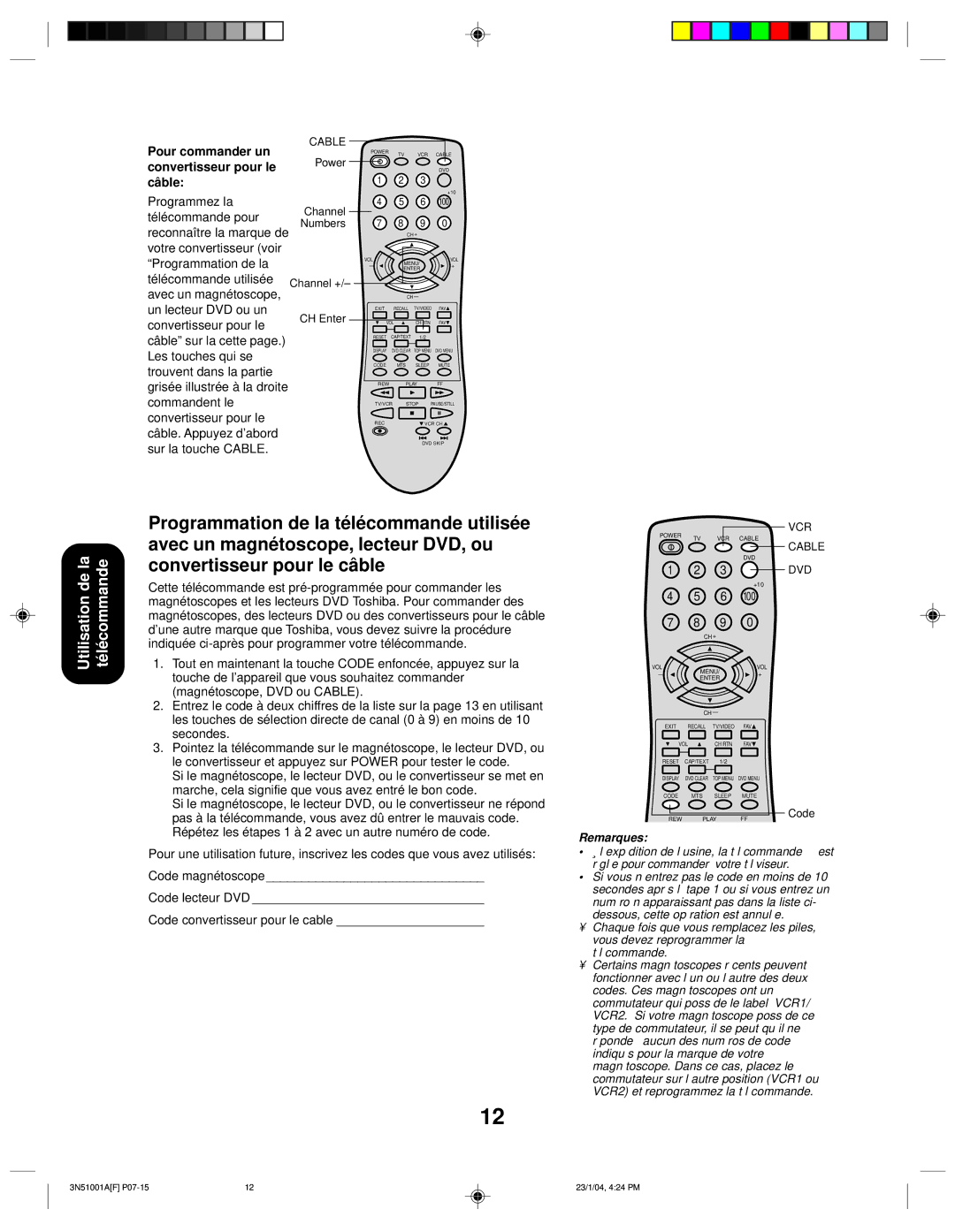 Toshiba 32A14 appendix Programmation de la télécommande utilisée, Avec un magnétoscope, lecteur DVD, ou 