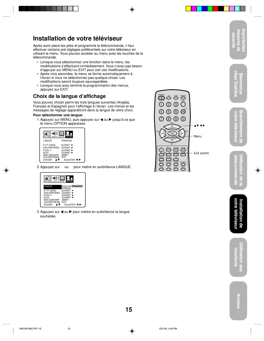 Toshiba 32A14 appendix Installation de votre téléviseur, Choix de la langue d’affichage, Pour sélectionner une langue 