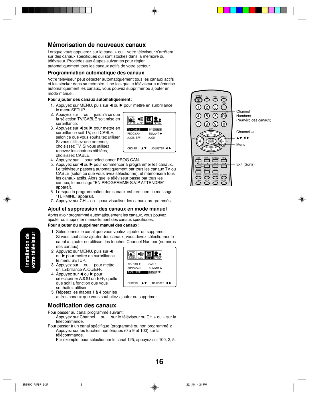 Toshiba 32A14 appendix Mémorisation de nouveaux canaux, Modification des canaux, Programmation automatique des canaux 