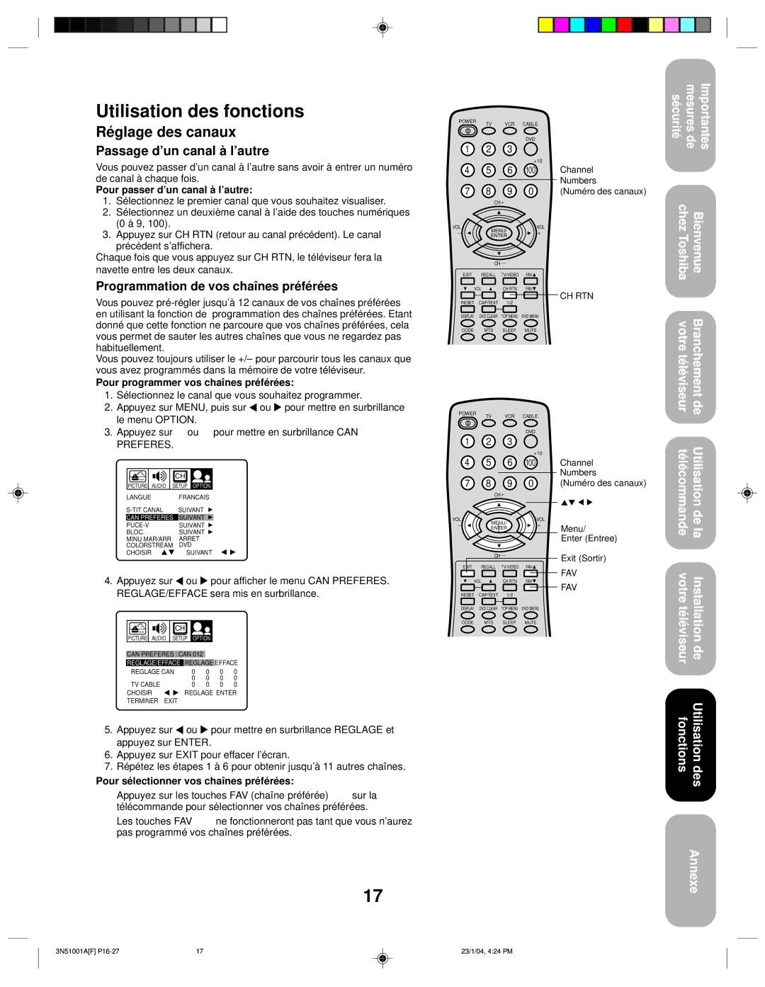 Toshiba 32A14 appendix Utilisation des fonctions, Réglage des canaux, Passage d’un canal à l’autre 