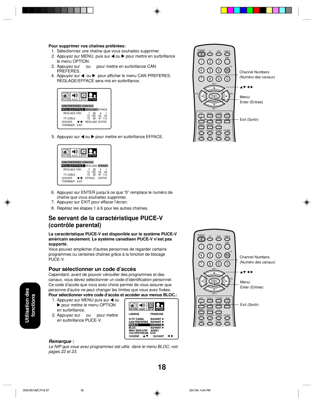 Toshiba 32A14 appendix Se servant de la caractéristique PUCE-V contrôle parental, Pour sélectionner un code d’accès 