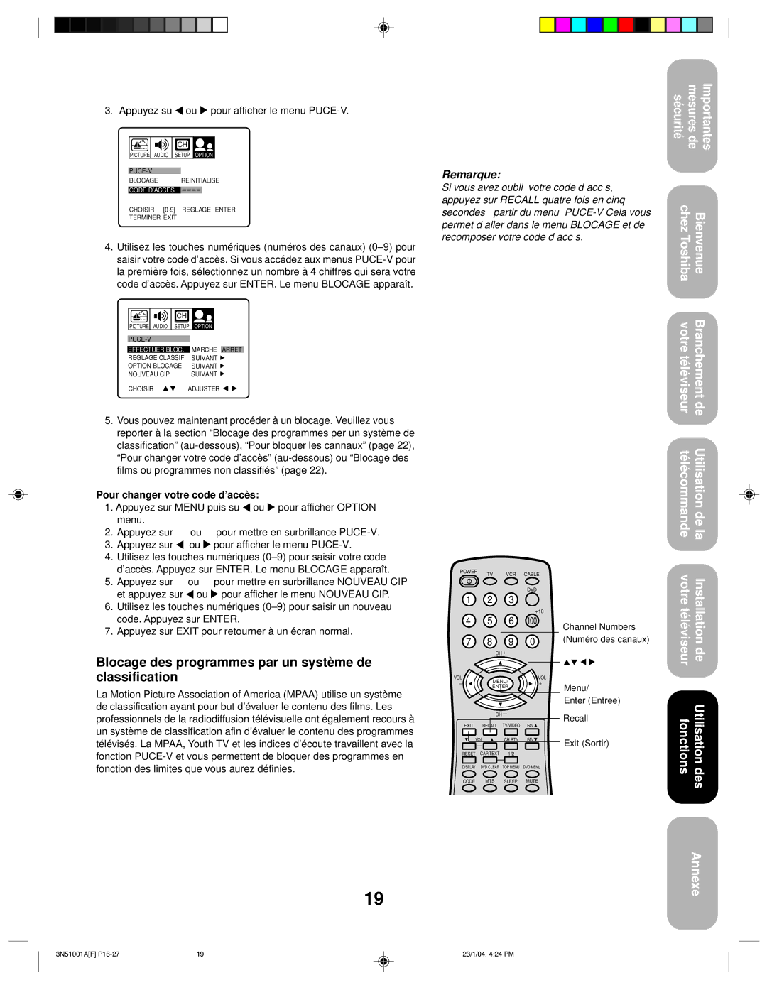 Toshiba 32A14 appendix Blocage des programmes par un système de classification, Appuyez su ou pour afficher le menu PUCE-V 