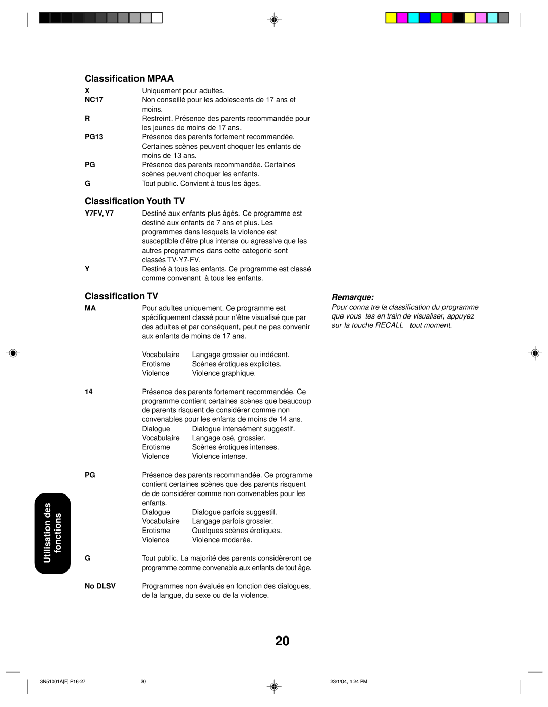 Toshiba 32A14 appendix Classification Mpaa, Classification Youth TV, Classification TV 