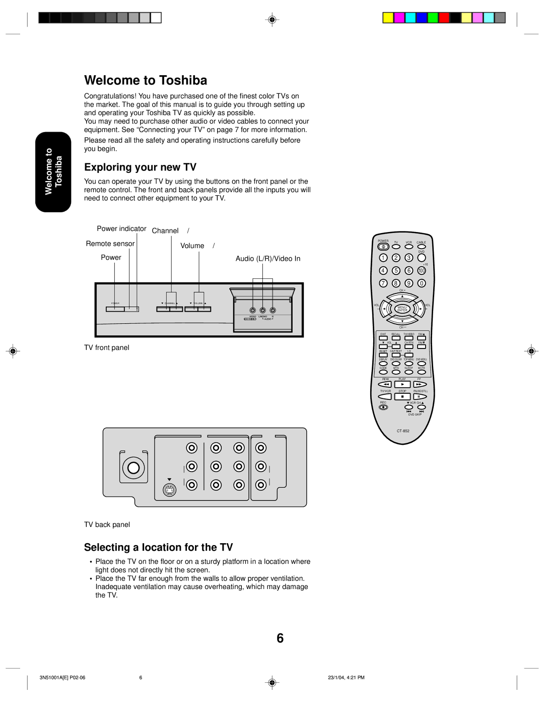 Toshiba 32A14 appendix Welcome to Toshiba, Exploring your new TV, Selecting a location for the TV 