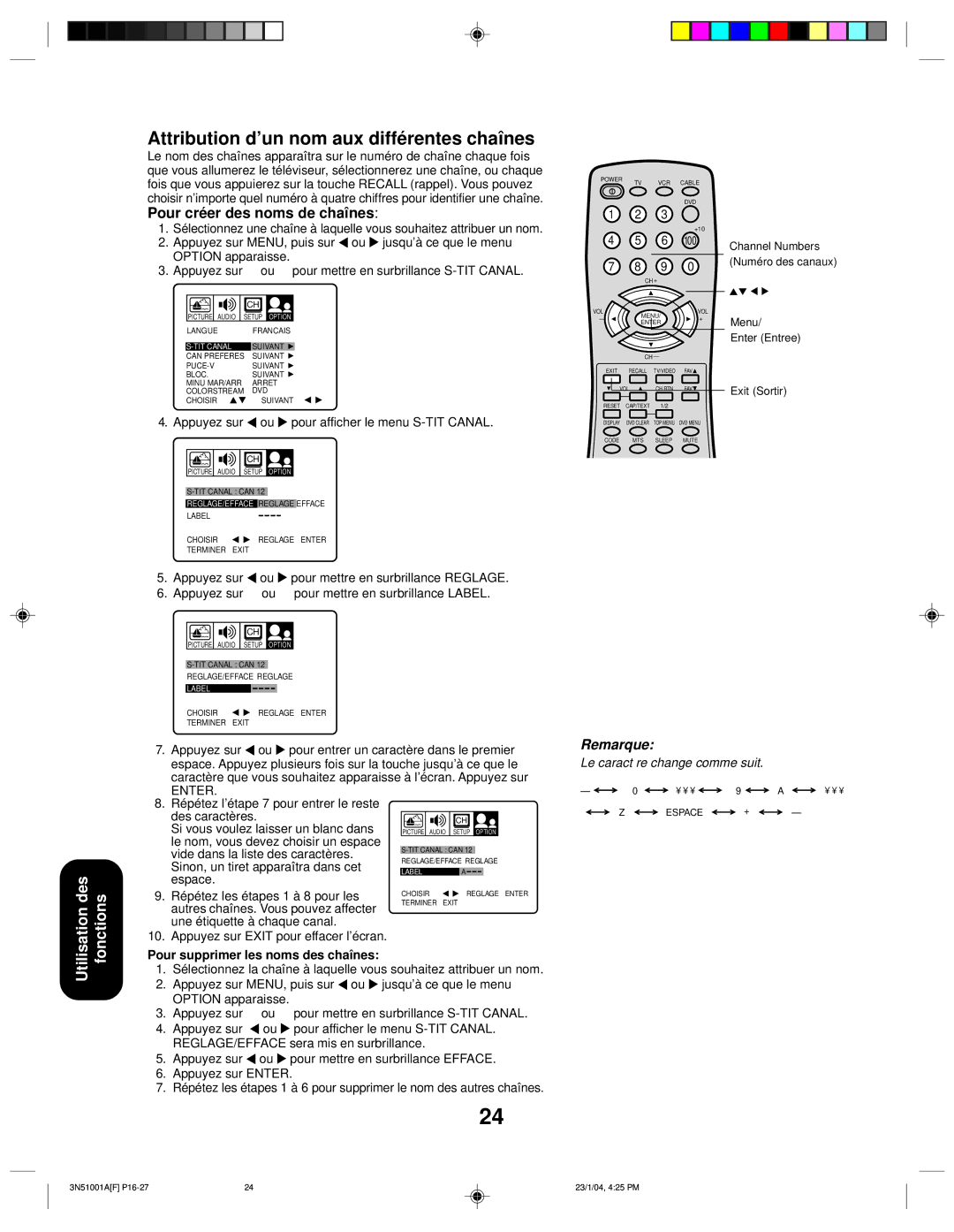 Toshiba 32A14 appendix Attribution d’un nom aux différentes chaînes, Appuyez sur Ou pour afficher le menu S-TIT Canal 