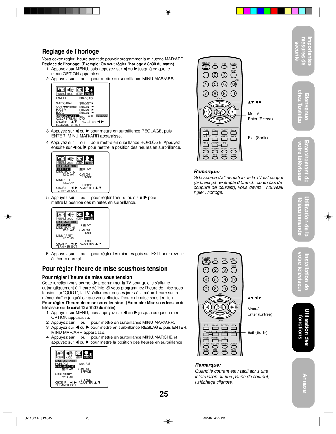 Toshiba 32A14 appendix Réglage de l’horloge, Pour régler l’heure de mise sous/hors tension 