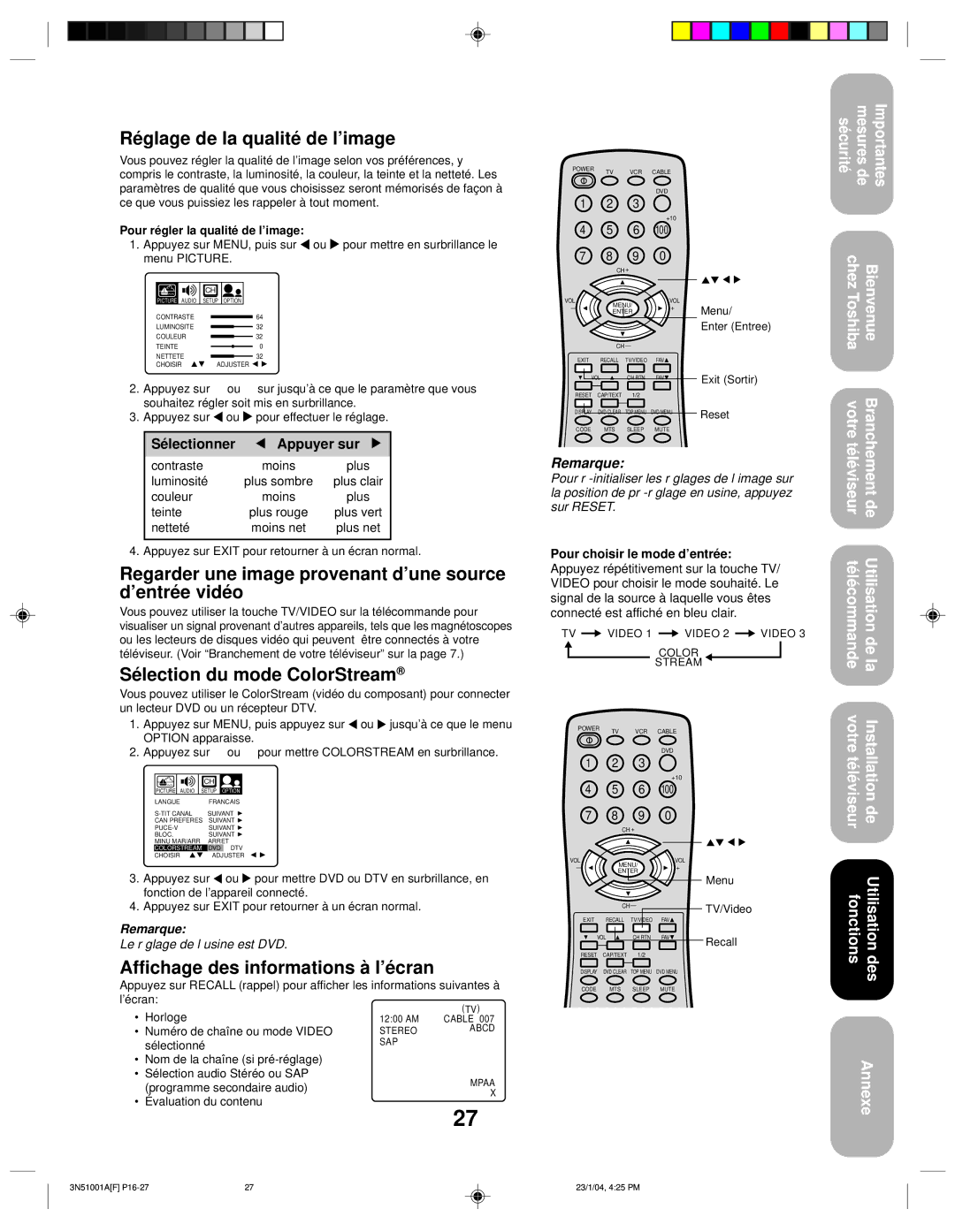 Toshiba 32A14 appendix Réglage de la qualité de l’image, Regarder une image provenant d’une source d’entrée vidéo 