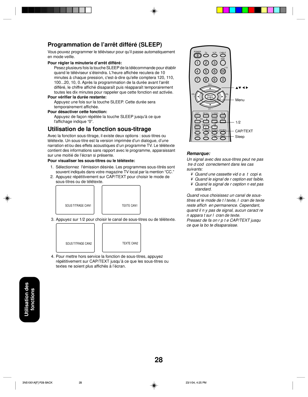 Toshiba 32A14 appendix Programmation de l’arrêt différé Sleep, Utilisation de la fonction sous-titrage 