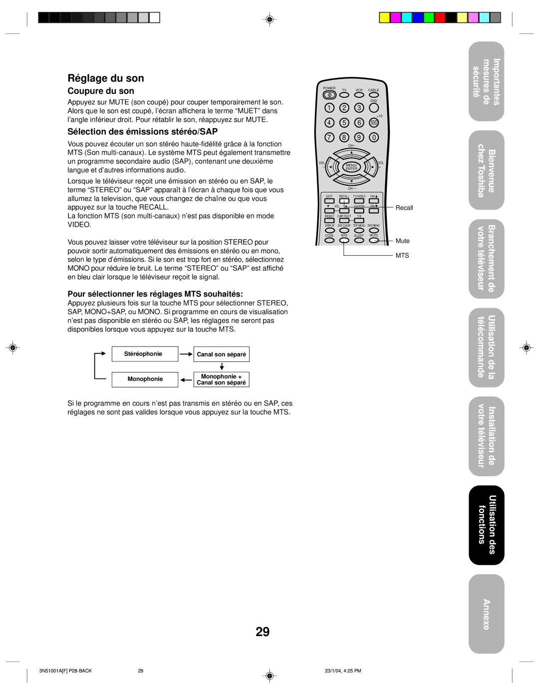 Toshiba 32A14 appendix Réglage du son, Coupure du son, Sélection des émissions stéréo/SAP 