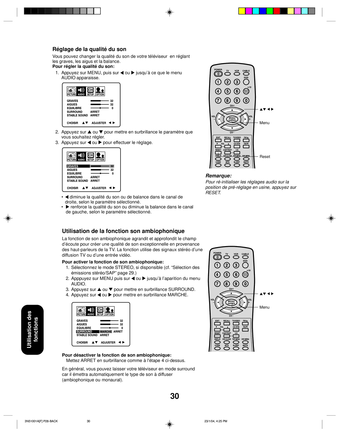 Toshiba 32A14 Réglage de la qualité du son, Utilisation de la fonction son ambiophonique, Pour régler la qualité du son 