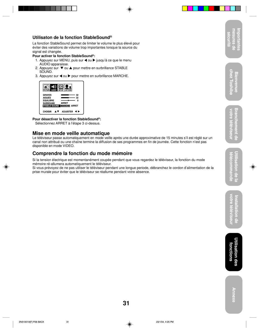 Toshiba 32A14 appendix Mise en mode veille automatique, Comprendre la fonction du mode mémoire 